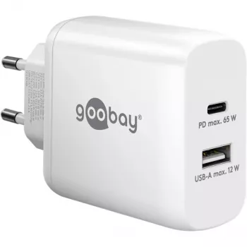 USB-C dvigubas greitas įkroviklis, PD, GaN, 65 W (baltas, 1x USB-C, 1x USB-A, Power Delivery)