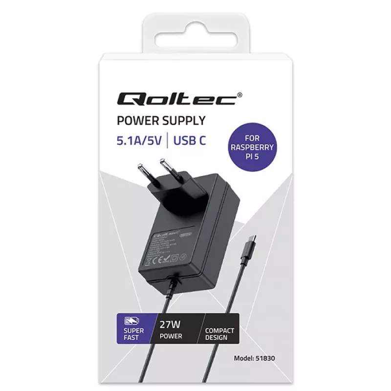 QOLTEC Super FAST PD greitasis įkroviklis, skirtas Raspberry Pi 5, USB-C, 27 W