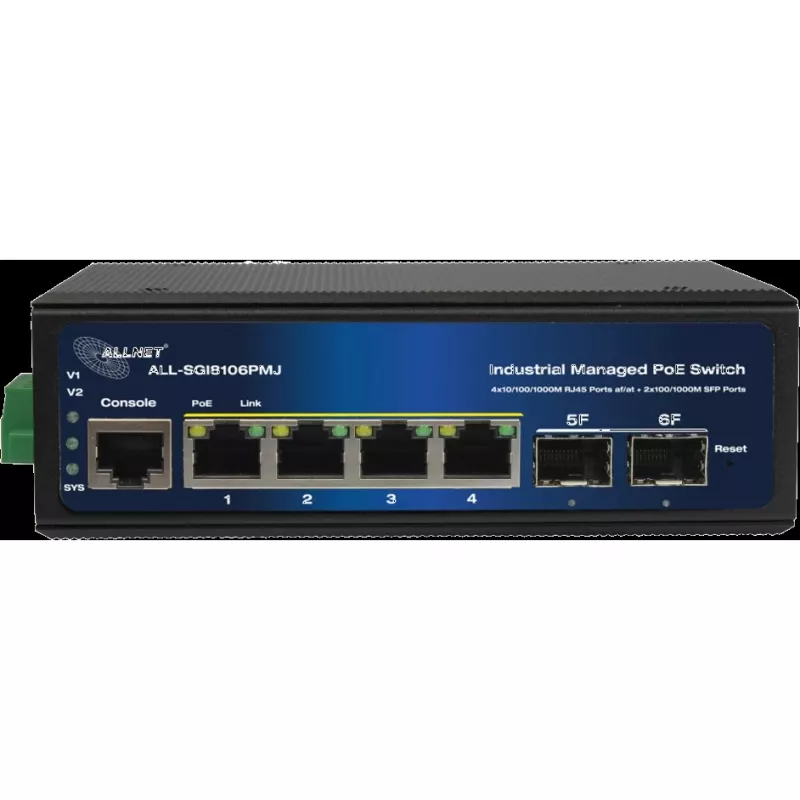Pramoninis PoE jungiklis ALLNET ALL-SGI8106PMJ-BT – 6 prievadų (4 PoE+), tvirtas metalinis korpusas