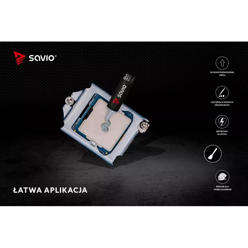 Termopasta SAVIO TG-03 1 g — 13,5 W/m·K, pilka, su aplikatoriumi ir mentele