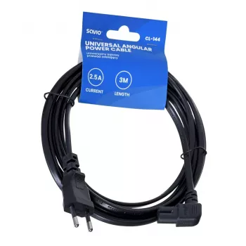 Maitinimo laidas SAVIO CL-144, 3 m, kampuotas 2 kontaktų kištukas į IEC Type E lizdą, juodas