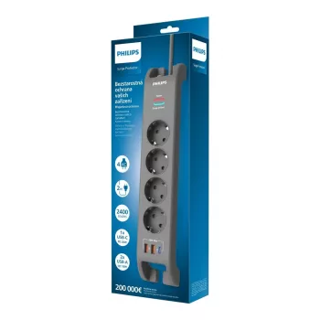 Philips 4 lizdų apsauginis nuo viršįtampių ilgintuvas su 2 m laidu, 3×US