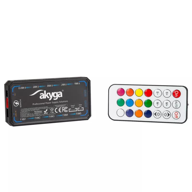 Akyga AK-CA-73 RGB ventiliatorių valdiklis su nuotolinio valdymo pulteliu, 12 jungčių (10 ventiliatorių + 2 LED juostos), Molex maitinimas
