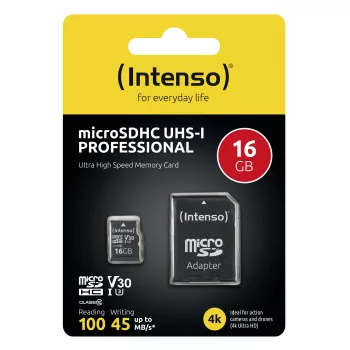 Intenso 3433470 microSDHC 16GB C10/UHS-I/U3/V30 atminties kortelė su SD adapteriu
