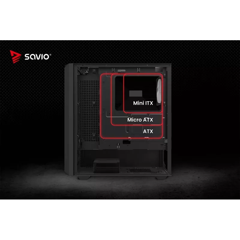 PC korpusas SAVIO Noctis Glass RGB – juodas, ATX/Micro-ATX, 210×410×450 mm, 3×120 mm priekiniai ventiliatoriai