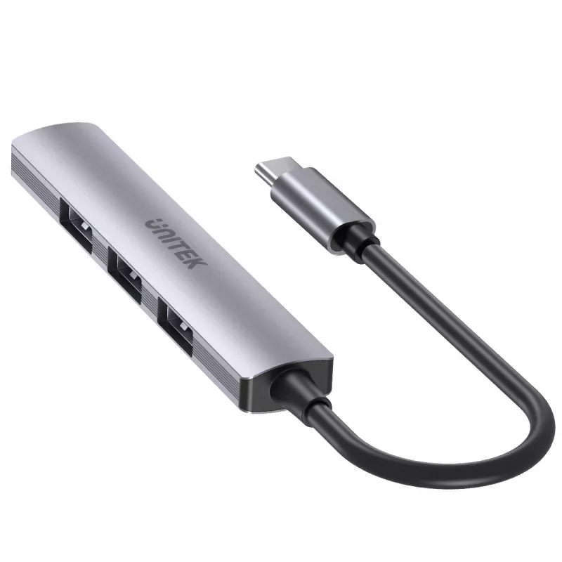 USB-C šakotuvas Unitek H1208B — 1x USB-A 5 Gbps, 3x USB-A 2.0, USB-C lizdas, aliumininis korpusas, 0,20 m kabelis