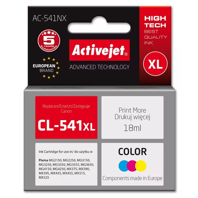 Rašalo kasetė Activejet AC-541NX, skirta Canon spausdintuvams (Canon CL-541XL atitikmuo), Supreme, 18 ml, ciangels, geltona, rausvai violetinė
