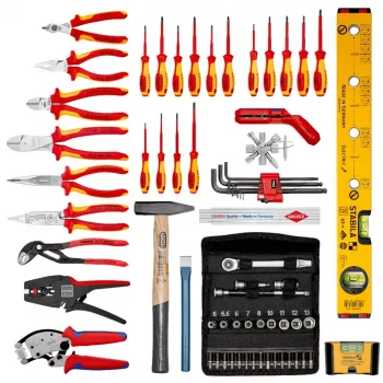 Mechaniko įrankių rinkinys Knipex 00 21 06 – 68 įrankių, su smailianosėmis ir vandentiekio replėmis, raudonai geltoni įrankiai, juodas dėklas (515×438×265 mm)