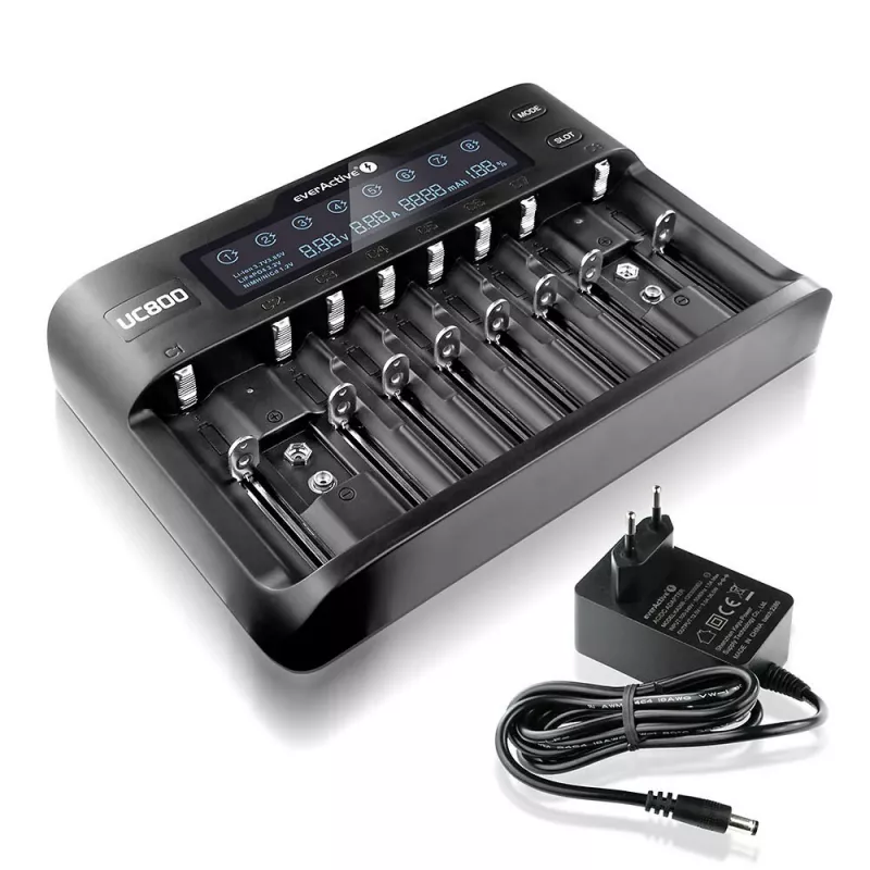 Įkroviklis baterijoms everActive UC-800 AC 12V 3A – LiFePO4/LiPo/NiMH, AA/AAA/9V, iki 10 baterijų, 12 V įėjimas, ekranas, juodas