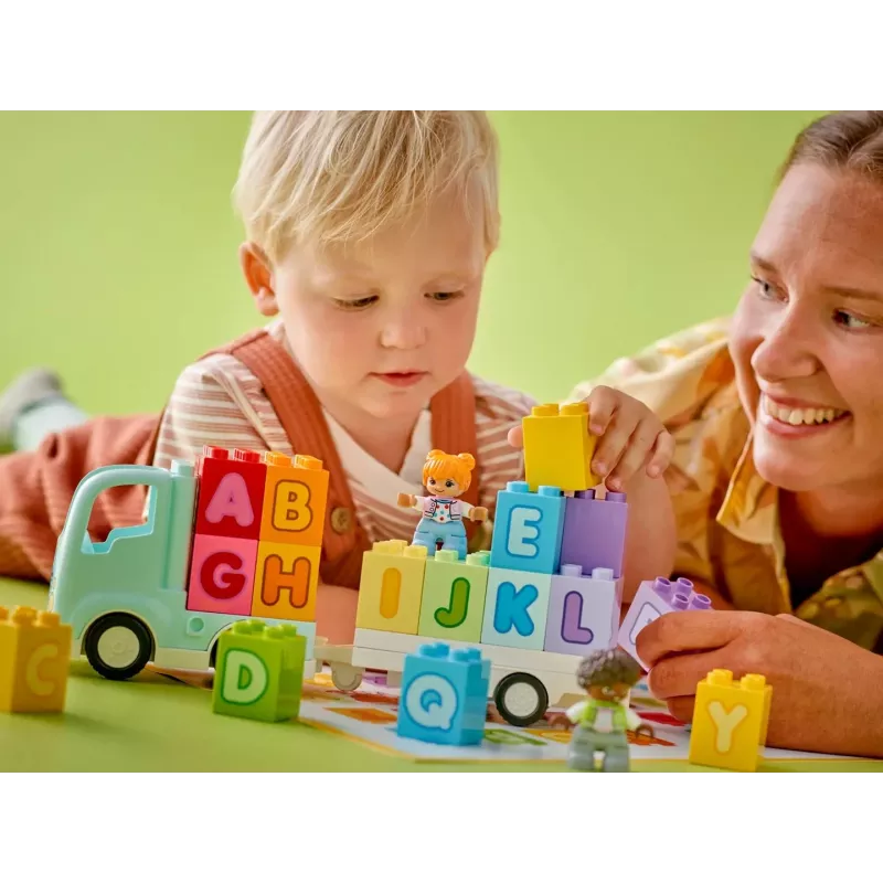 Konstruktorius LEGO DUPLO 10421 ABC sunkvežimis, 36 dalių, 2 minifigūrėlės, nuo 2 m., matmenys 110×140×70 mm