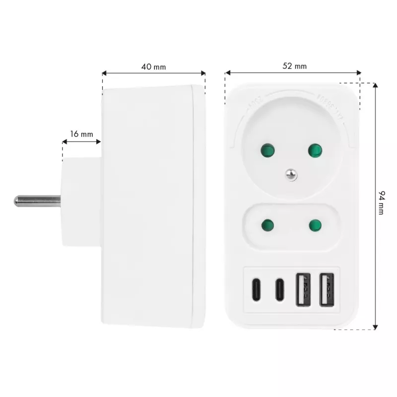 Maitinimo skirstytuvas MACLEAN MCE249 F/W – 2x kištukiniai lizdai (16A + 6A) ir 4x USB (2x A, 2x C PD 20W)