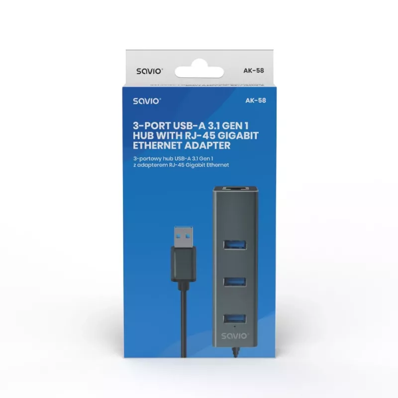 SAVIO USB-A šakotuvas su RJ-45 Gigabit Ethernet AK-57 — 3× USB-A + RJ-45, USB 3.2 Gen 1 Micro‑B prijungimas, 5 Gbit/s, 4 prievadai, pilka
