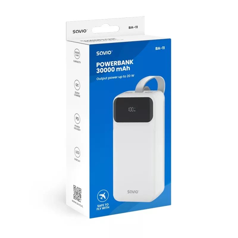 Powerbank SAVIO BA-11 Li-Ion 30000 mAh, 3,7 V, USB-C x2, baltas