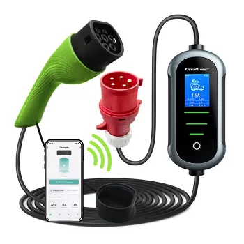 QOLTEC Mobile EV 2in1 Type2 11 kW 400 V Wi-Fi TUYA SMART LIFE LCD nešiojama sieninė dėžutė su 5 m laidu