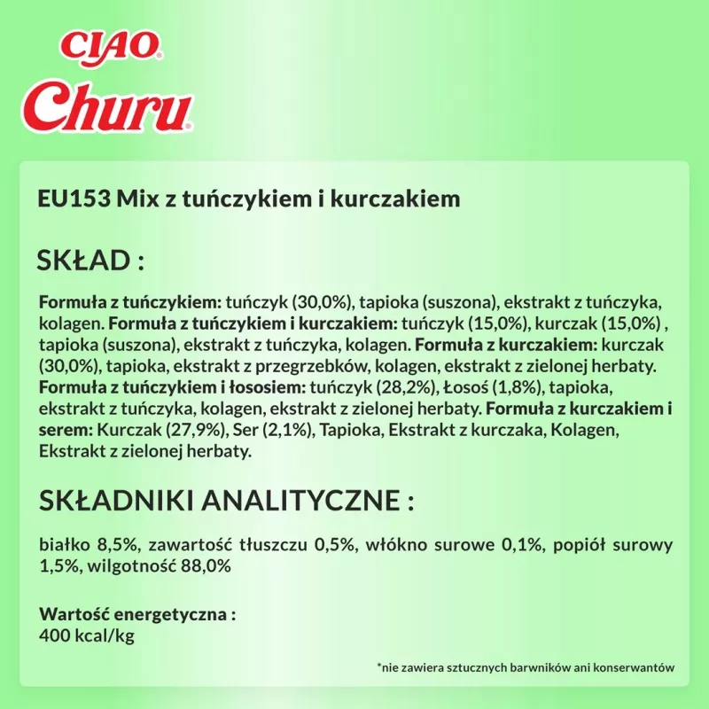 Šlapieji skanėstai katėms INABA Churu vištiena ir tunas, 50 x 14 g pastos tūbelės, be grūdų, be glitimo ir be cukraus