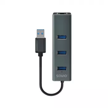 SAVIO USB-A šakotuvas su RJ-45 Gigabit Ethernet AK-57 — 3× USB-A + RJ-45, USB 3.2 Gen 1 Micro‑B prijungimas, 5 Gbit/s, 4 prievadai, pilka