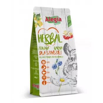 Sausas ėdalas Alegia Herbal šinšiloms 600 g – pilnavertis suaugusių šinšilų pašaras, be grūdų, be glitimo, vaisių skonio