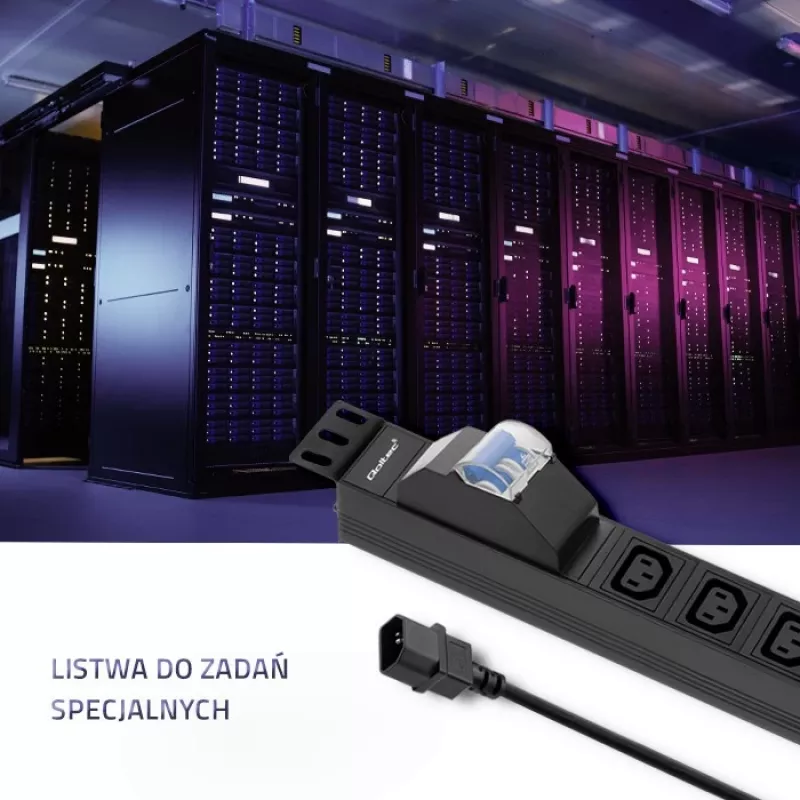 Qoltec 53999 19 colių stelažo maitinimo juosta PDU, 1U, 8x IEC C13, 10 A, su automatiniu jungikliu, 2 m