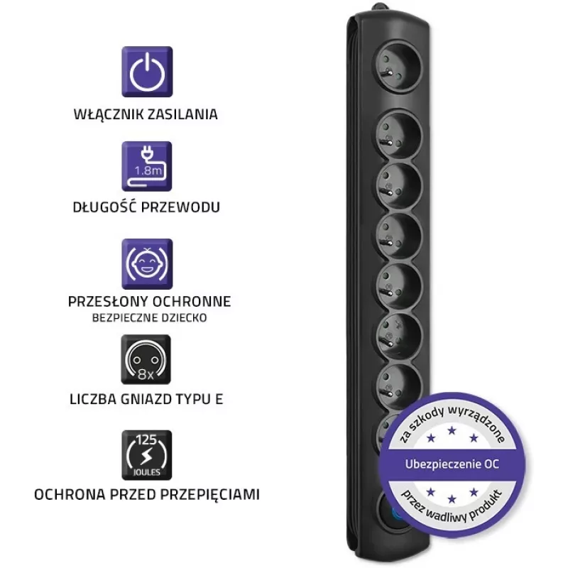 Qoltec 50113 apsauginis įtampos filtras 8 kištukiniai lizdai 230 V 1,8 m