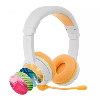 BuddyPhones School+ ausinės laidinės ir belaidės, ant galvos lankeliu, skambučiams/muzikai, USB Type-C, Bluetooth, balta, geltona