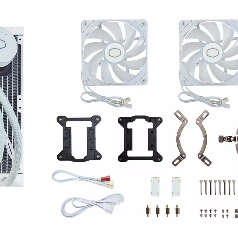 Skysto aušinimo komplektas Cooler Master MasterLiquid 240L Core ARGB White — 240 mm radiatorius, 120 mm ventiliatoriai, palaiko LGA1700/AM5/AM4 ir senesnius lizdus