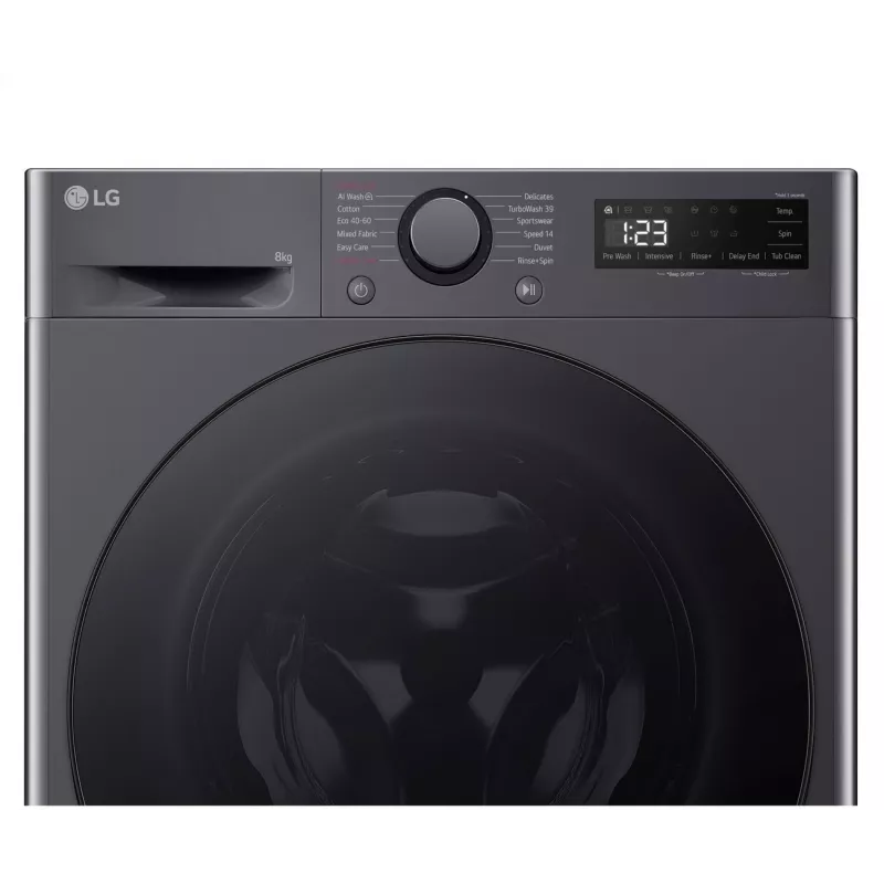 Skalbimo mašina LG F2WR508S2M – priekinė pakrova, 8 kg, 1200 aps./min., A energijos klasė, 60×48 cm, LED, vidurio juoda
