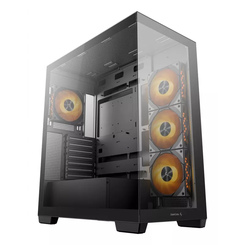 Korpusas DeepCool CG580 4F Midi Tower — ATX/MicroATX/ITX, grūdintas stiklas, 3×120 mm + 1×120 mm ventiliatoriai, 2×3.5 colio ir 2×2.5 colio diskų vietos, USB-A×2 USB-C×1, juodas