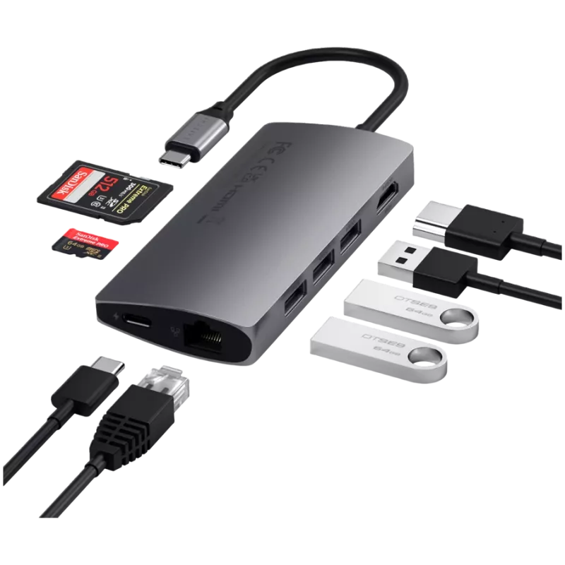 Satechi Aliuminio Adapteris V2 USB-C (USB-C, 3x USB-A, 4K HDMI, SD/microSD kortelių skaitytuvas, Ethernet) (starlight grey)