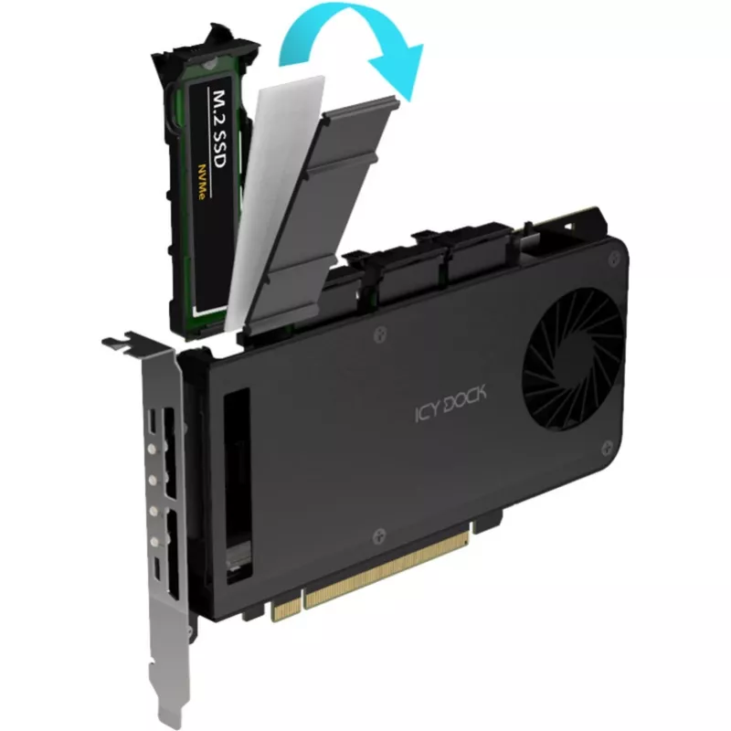 Icy Dock MB204MP-1B mobilaus stovo adapterio kortelė – 4 × M.2 NVMe SSD karštai keičiamas mobilus stovas