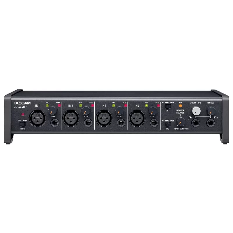 Garso sąsaja Tascam US-4X4HR – 4x XLR kombinuoti, 4 analoginiai išėjimai, 56 dB mikrofono stiprintuvas, 192 kHz, USB 2.0, stalinis, juoda