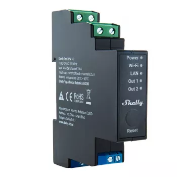 Shelly Pro 2PM – 2 kanalų išmanioji relė su energijos matavimu, 25A, Wi-Fi, LAN ir Bluetooth