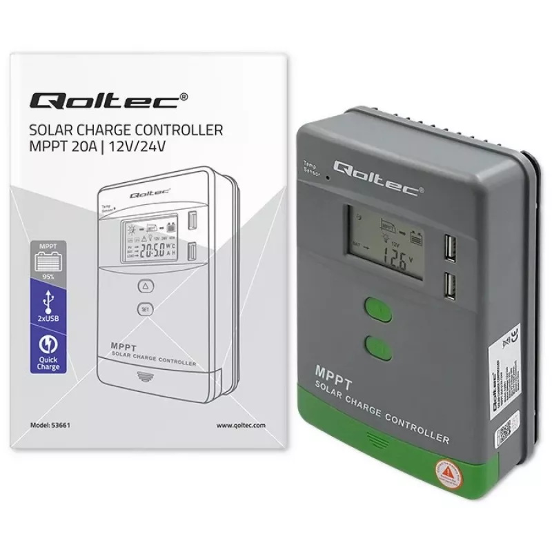 Qoltec MPPT saulės kolektorių valdiklis su temperatūros jutikliu 20A 12V/24V LCD ekranas 2xUSB