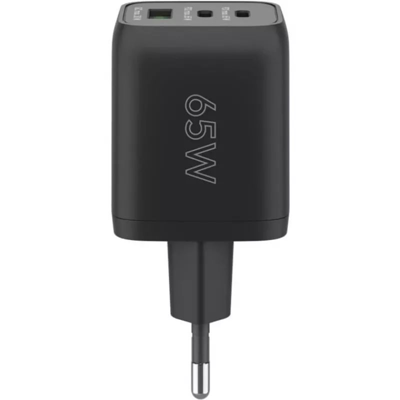 USB-C greitas įkroviklis Nano, PD, GaN, 65 W, USB-C pintas laidas (juodas, 1x USB-A, 2x USB-C PD, Quick Charge 3.0, 1 m laidas)