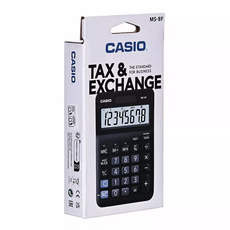 Stalinis skaičiuotuvas CASIO MS-8F – 8 skaitmenų, saulės/baterijos, 26 klavišai, valiutos ir mokesčių funkcijos, pelno skaičiavimas, juodas