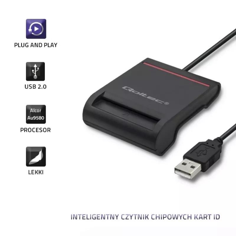 Kortelių skaitytuvas QOLTEC Smart chip ID card scanner USB, juodas, 84,5×65×16 mm, 63 g