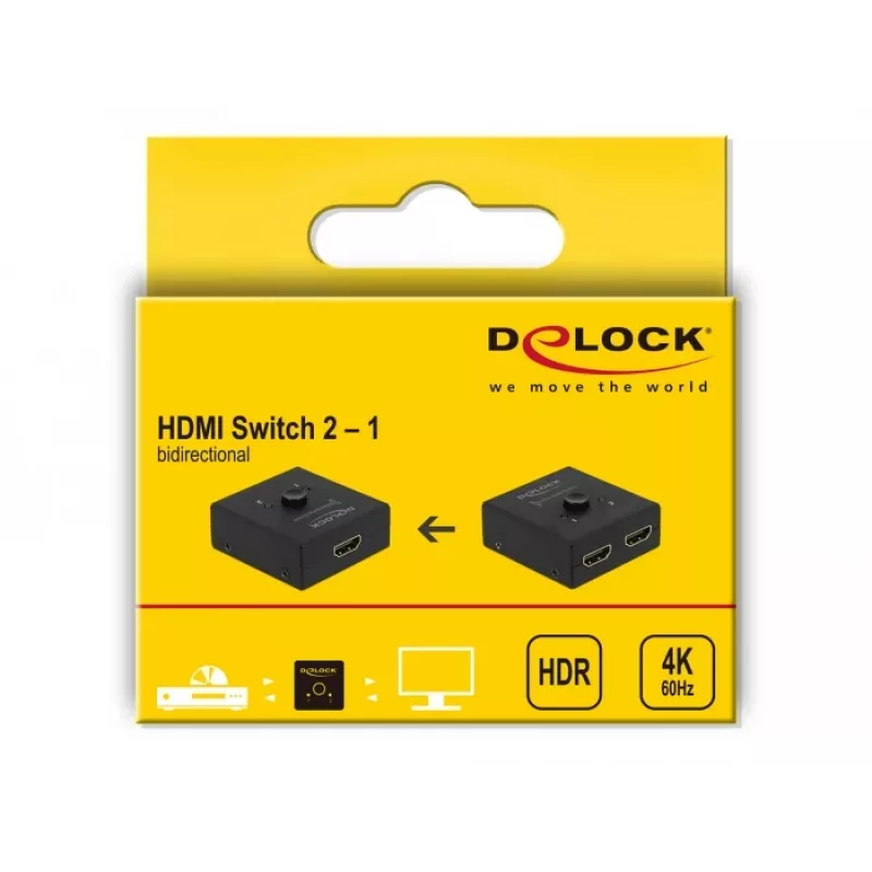 DeLock HDMI 2:1 dvipusis jungiklis 4K 60 Hz kompaktiškas – Mažmeninė dėžutė – Vaizdo/garso perjungiklis – 2 x HDMI – stalinis (64072)