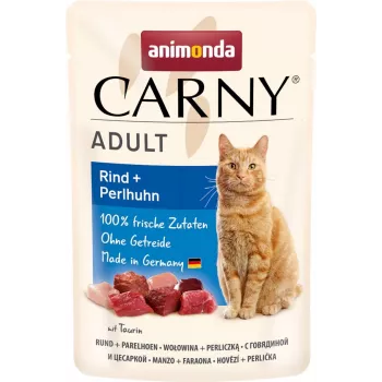 Šlapias kačių ėdalas animonda Carny Adult Beef & Guinea Fowl 85 g paketėlis, be grūdų, be glitimo ir be cukraus