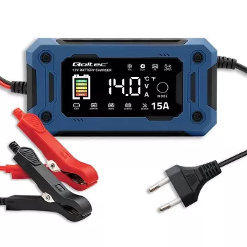 Protingas 12V 15A įkroviklis QOLTEC su mikroprocesoriumi ir LCD – AGM, GEL, SLA, EFB, LiFePO4 akumuliatoriams