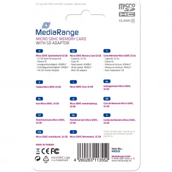 MEDIARANGE MR959 atminties kortelė Micro SDHC 32GB, klasė 10, su adapteriu