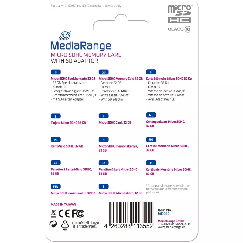 MEDIARANGE MR959 atminties kortelė Micro SDHC 32GB, klasė 10, su adapteriu