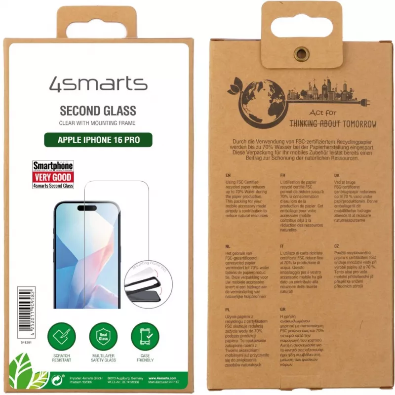 Apsauginis stiklas 4smarts 541201, skirtas iPhone 16 Pro, grūdintas stiklas