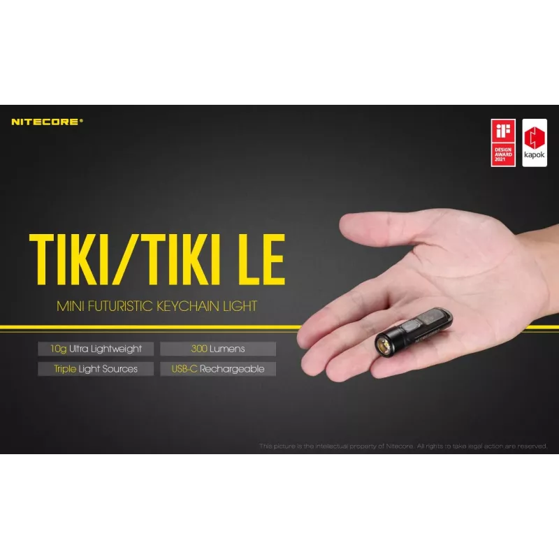 Rankinis žibintuvėlis Nitecore TIKI LE — 300 lm, įkraunamas per USB, polikarbonatas, IP66, atsparus smūgiams, 10,5 g, 55 mm, Juoda