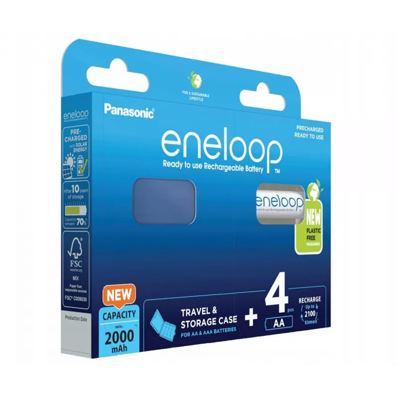 Įkraunamos baterijos PANASONIC ENELOOP AA 2000 mAh 4 vnt. su dėklu (BK-3MCDE/4CP+CASE)