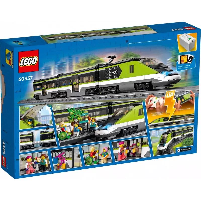 LEGO 60337 City Express keleivinis traukinys nuotolinio valdymo rinkinys su veikiančiais priekiniais žibintais, 2 vagonais ir 24 bėgių dalimis
