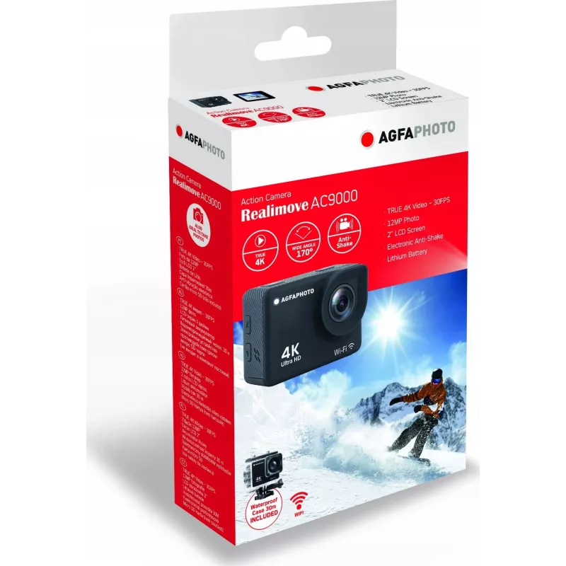 AgfaPhoto Action Cam AC9000BK 4K, vandeniui atspari, Wi-Fi, lėtas judesys/laiko intervalas