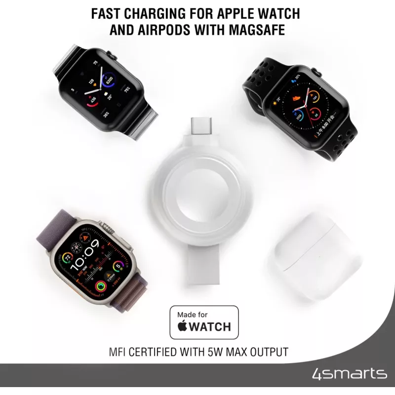 4smarts QI2 Smartwatch Silver USB Wireless Fast Charging – belaidis greitasis Apple Watch ir AirPods įkroviklis