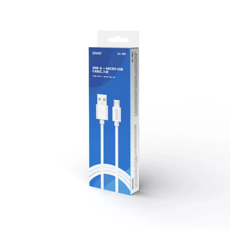 Savio USB 2.0 USB A - Micro USB baltas CL-167 3 m laidas