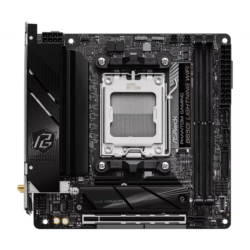 Mini-ITX pagrindinė plokštė ASRock B650I Lightning WiFi — AMD B650, Socket AM5, DDR5, 2 DIMM (maks. 96 GB), Wi‑Fi 6E, 2.5Gb LAN