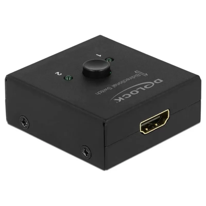 DeLock HDMI 2:1 dvipusis jungiklis 4K 60 Hz kompaktiškas – Mažmeninė dėžutė – Vaizdo/garso perjungiklis – 2 x HDMI – stalinis (64072)