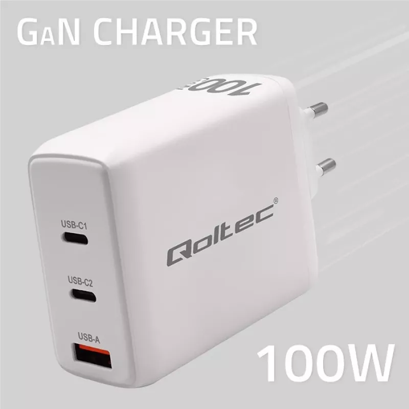 Kroviklis QOLTEC 100W GaN USB-C Dual PD 5–20V 1.5–5A, 2×USB-C